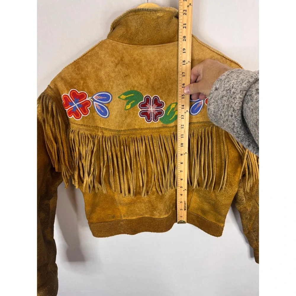 Vintage Buckskin Western Beaded Fringe Jacket Leather Floral Native Crop Women S - Picture 14 of 16